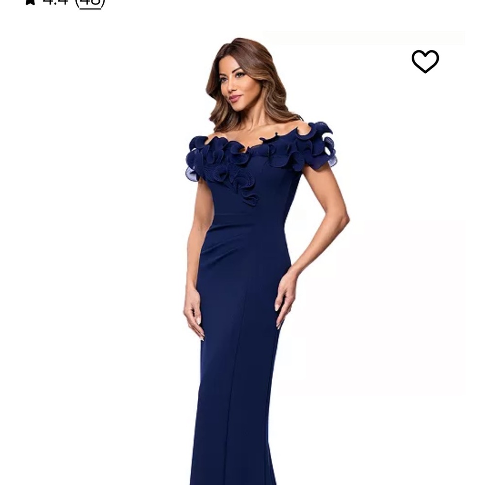 Xscape Navy Draped Formal Crepe Gown with Ruffled Off the Shoulder Sleeve